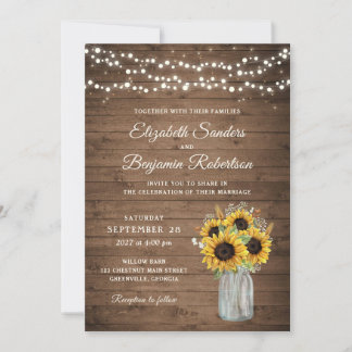 Rustic Wood Sunflowers Mason Jar Wedding Invitation