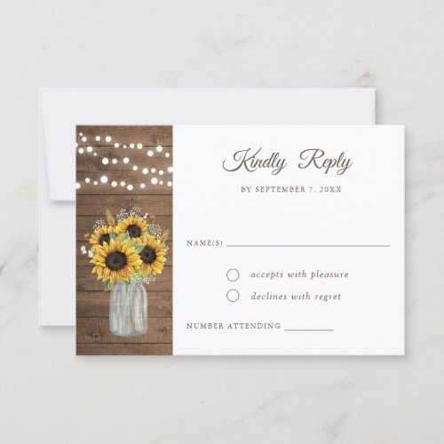 Rustic Wood Sunflowers Mason Jar Wedding RSVP Invitation