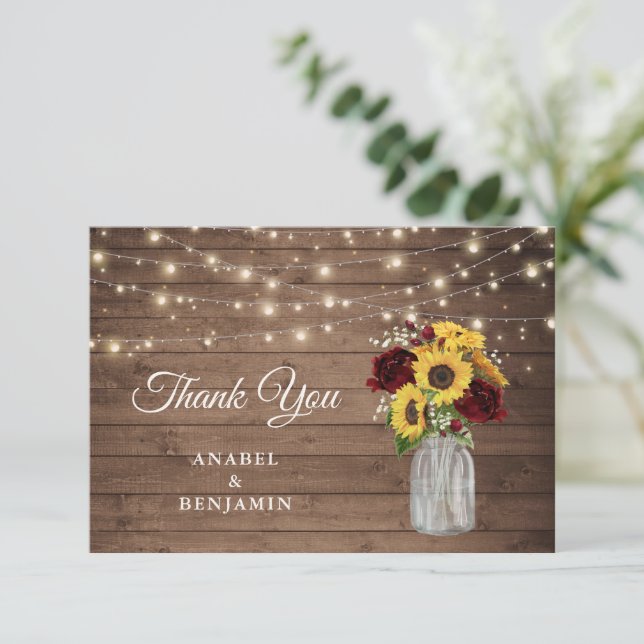 Rustic Wood Sunflowers Mason Jar Wedding Thank You (Standing Front)