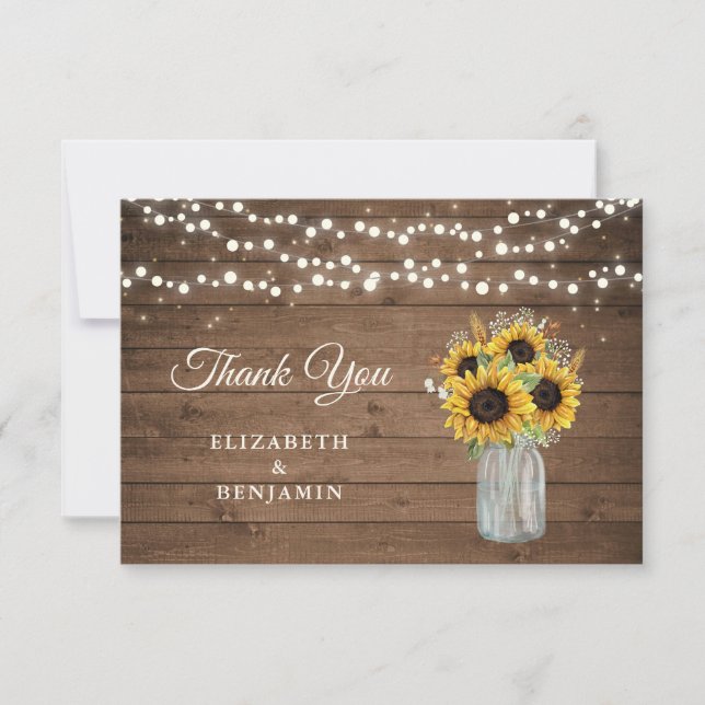 Rustic Wood Sunflowers Mason Jar Wedding Thank You Card (Front)