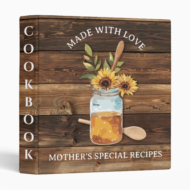 Rustic Wood Sunflowers Mom’s Recipes Cookbook  3 Ring Binder (Front/Spine)