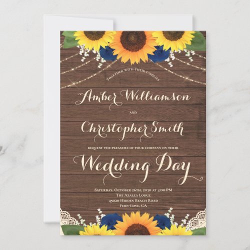 Rustic Wood Sunflowers Navy Blue Roses Wedding Invitation