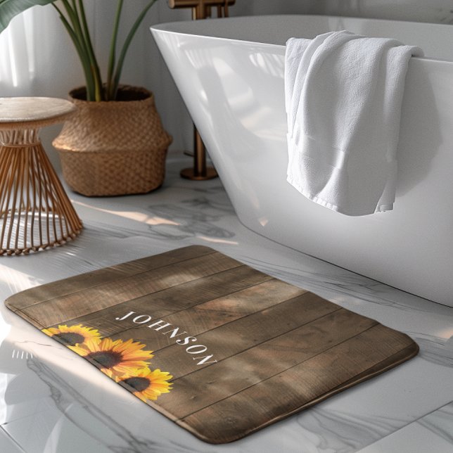 Rustic Wood & Sunflowers Personalized Bath Mat (Creator Uploaded)