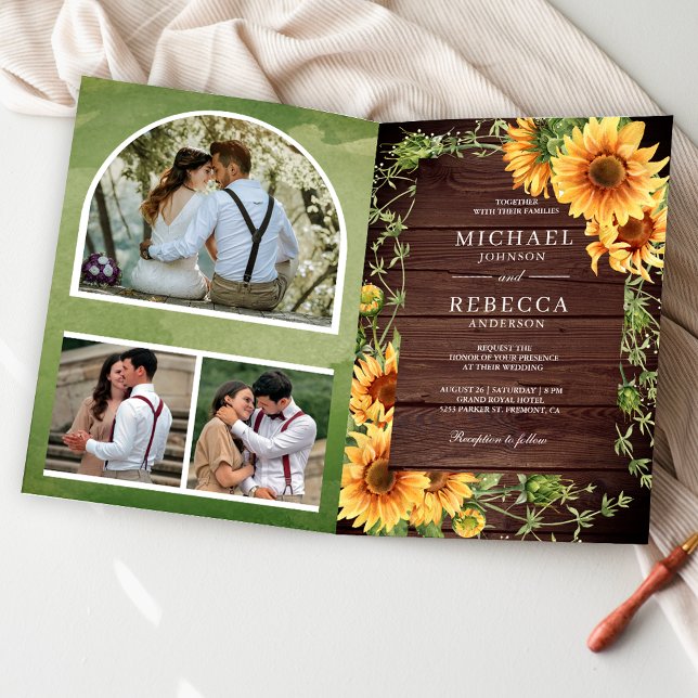 Rustic Wood Sunflowers Photo Arch QR Code Wedding Invitation (Creator Uploaded)