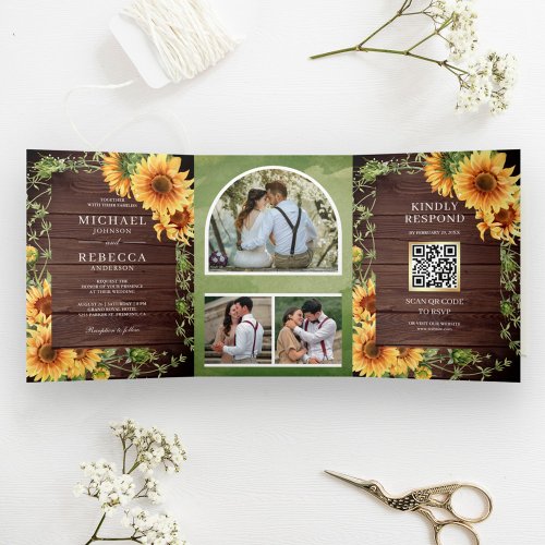 Rustic Wood Sunflowers Photo Arch QR Code Wedding Tri_Fold Invitation
