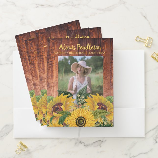 Rustic Wood Sunflowers Photo High School College Pocket Folder (In Situ)