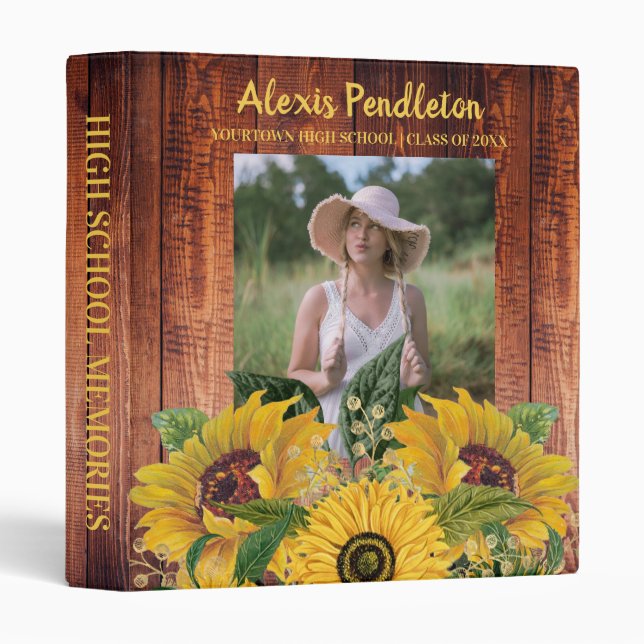 Rustic Wood Sunflowers Photo High School Memories 3 Ring Binder (Front/Spine)