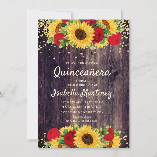 Rustic Wood Sunflowers Red Roses Quinceañera   Invitation (Front)