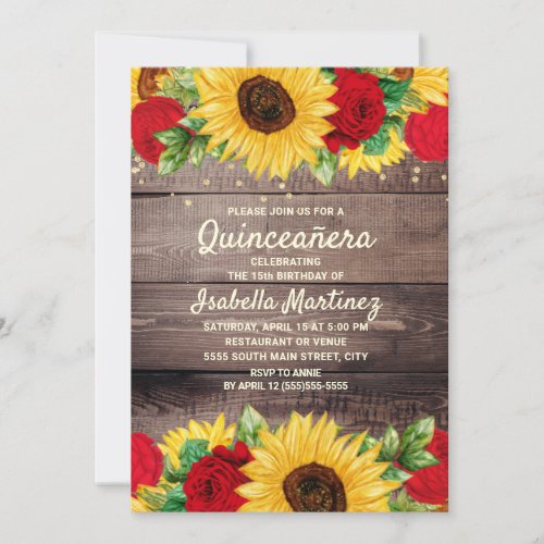 Rustic Wood Sunflowers Red Roses Quinceaera  Invitation