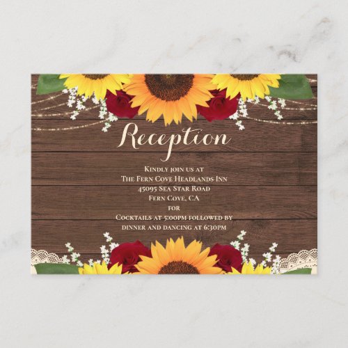 Rustic Wood Sunflowers Red Roses Wedding Reception Enclosure Card