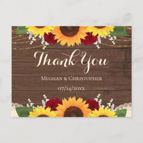 Rustic Wood Sunflowers Red Roses Wedding Thank You Postcard