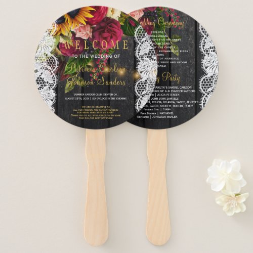Rustic wood sunflowers roses lace wedding ceremony hand fan