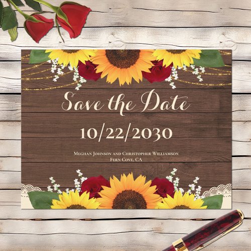 Rustic Wood Sunflowers Roses Wedding Save the Date Postcard