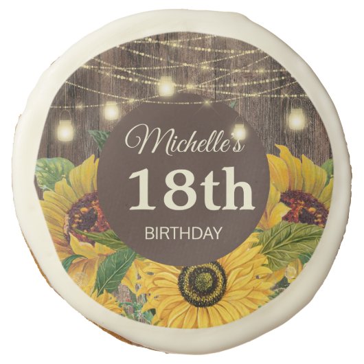 Rustic Wood Sunflowers String LIghts 18th Birthday Sugar Cookie (Front)