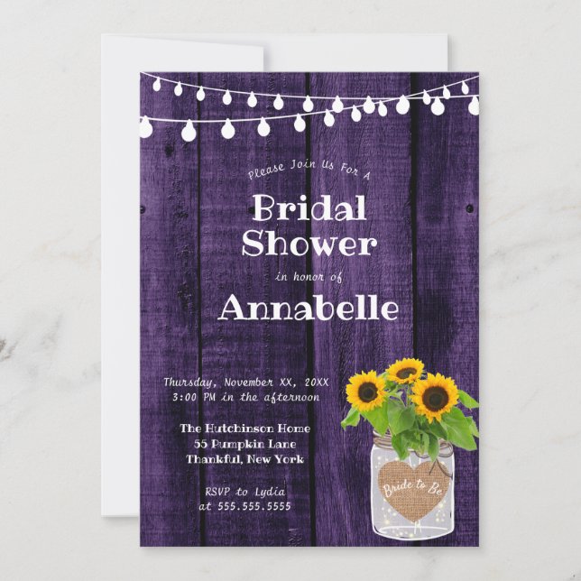Rustic Wood Sunflowers String Lights Bridal Shower Invitation (Front)
