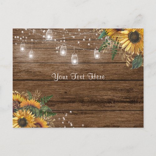 Rustic wood sunflowers string lights  greenery postcard