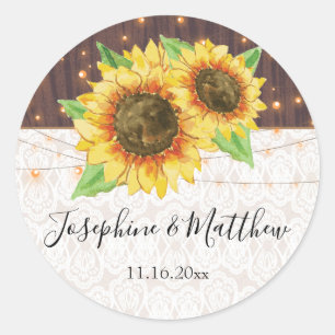 Rustic Wood Sunflowers String Lights Lace Wedding Classic Round Sticker