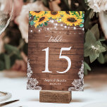 Rustic Wood Sunflowers String Lights Lace Wedding Table Number<br><div class="desc">Rustic Wood Sunflowers String Lights Lace Wedding Table Number Card. (1) Please customize this template one by one (e.g, from number 1 to xx) , and add each number card separately to your cart. (2) For further customization, please click the "customize further" link and use our design tool to modify...</div>