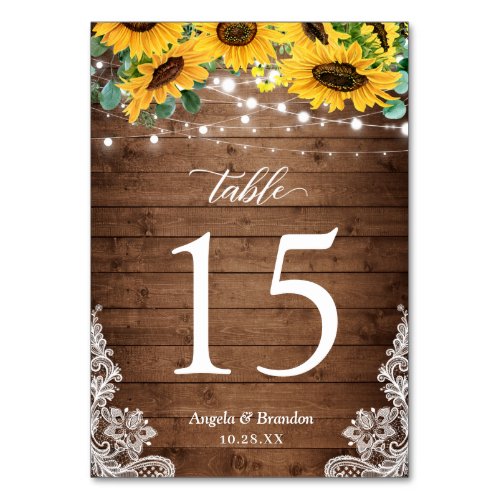 Rustic Wood Sunflowers String Lights Lace Wedding Table Number - Rustic Wood Sunflowers String Lights Lace Wedding Table Number Card. 
(1) Please customize this template one by one (e.g, from number 1 to xx) , and add each number card separately to your cart. 
(2) For further customization, please click the "customize further" link and use our design tool to modify this template. 
(3) If you need help or matching items, please contact me.