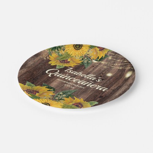 Rustic Wood Sunflowers String Lights Quinceaera Paper Plates