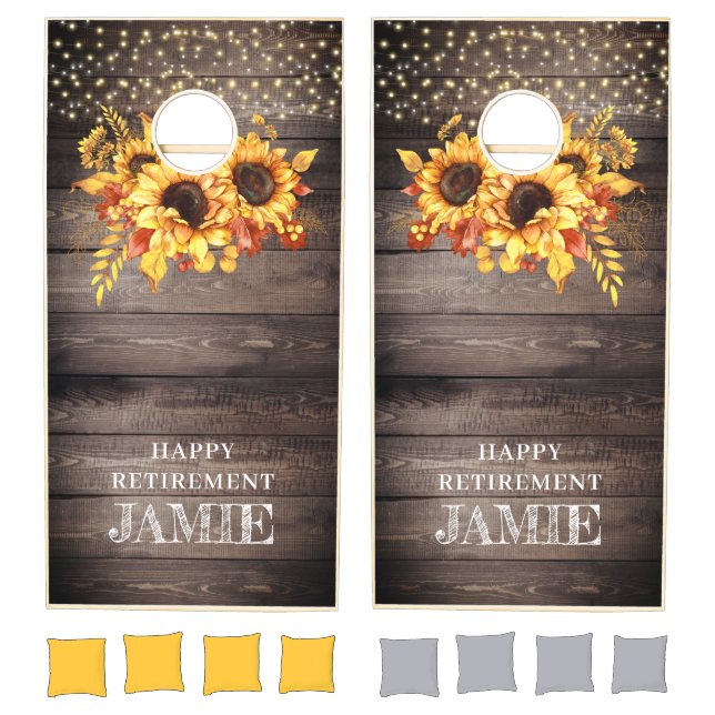 Rustic Wood Sunflowers String Lights Retirement Cornhole Set (Set)