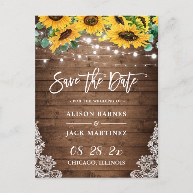 Rustic Wood Sunflowers String Lights Save the Date Postcard (Front)