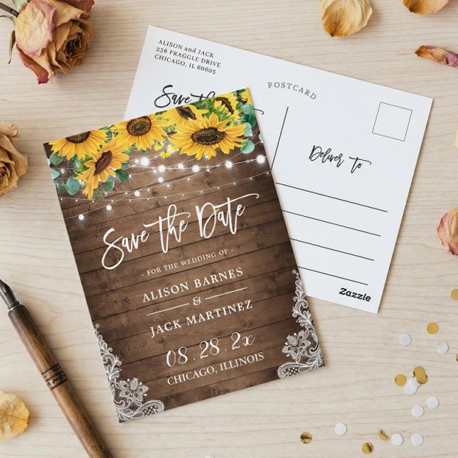Rustic Wood Sunflowers String Lights Save the Date Postcard (Creator Uploaded)