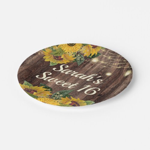 Rustic Wood Sunflowers String Lights Sweet 16 Paper Plates