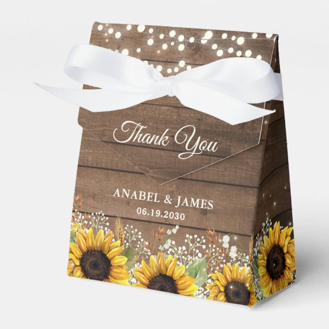 Rustic Wood Sunflowers String Lights Wedding Favor Boxes (Front Side)
