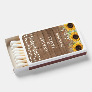 Rustic Wood Sunflowers String Lights Wedding Matchboxes