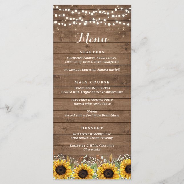 Rustic Wood Sunflowers String Lights Wedding Menu (Front)