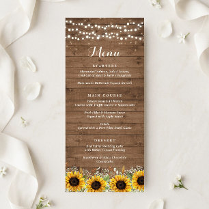 Rustic Wood Sunflowers String Lights Wedding Menu