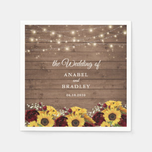 Rustic Wood Sunflowers String Lights Wedding Napkins