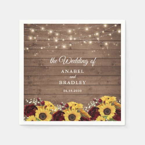 Rustic Wood Sunflowers String Lights Wedding Napkins