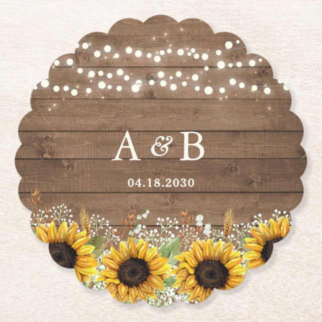 Rustic Wood Sunflowers String Lights Wedding Paper Coaster (Front)
