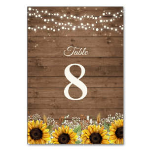 Rustic Wood Sunflowers String Lights Wedding Table Number