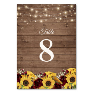 Rustic Wood Sunflowers String Lights Wedding Table Number