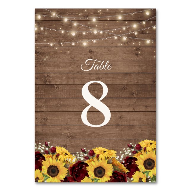 Rustic Wood Sunflowers String Lights Wedding Table Number (Front)