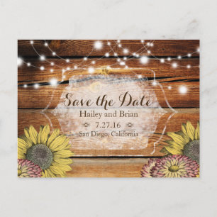 Rustic Wood, Sunflowers ,Typography Save the Date Announcement Postcard
