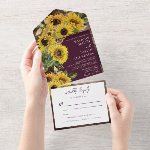 Rustic Wood Sunflowers Wedding All In One Invitation