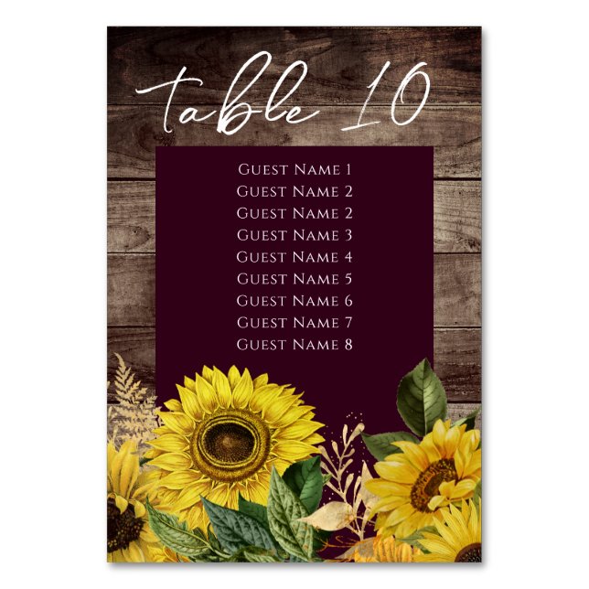 Rustic Wood Sunflowers Wedding Table Number List (Front)