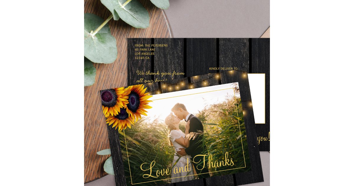Rustic wood sunflowers wedding thank you postcard | Zazzle