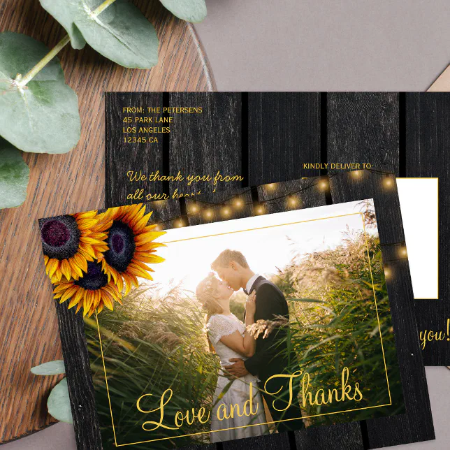 Rustic wood sunflowers wedding thank you postcard | Zazzle