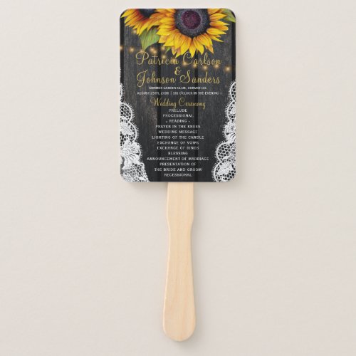 Rustic wood sunflowers white lace wedding ceremony hand fan