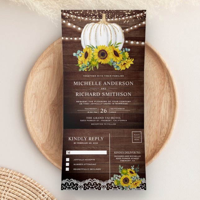 Rustic Wood Sunflowers White Pumpkin Fall Wedding Tri-Fold Invitation (Creator Uploaded)