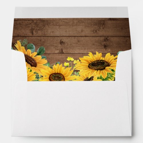 Rustic Wood Sunflowers with Return Address 5x7 Envelope - Create your own Envelope with this "Rustic Wood Sunflowers Floral Themed Envelope template". You can customize it with your return address on the back flap. This envelope design is perfect to match your wedding invitations.
(1) For further customization, please click the "customize further" link and use our design tool to modify this template. 
(2) If you need help or matching items, please contact me.