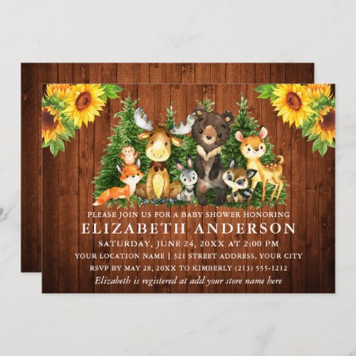 Rustic Wood Sunflowers Woodland Animals Shower Invitation