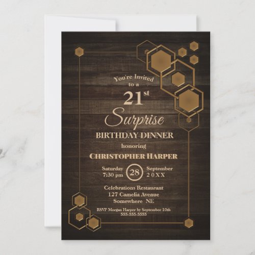 Rustic Wood Surprise 21st Birthday Dinner Party Invitation