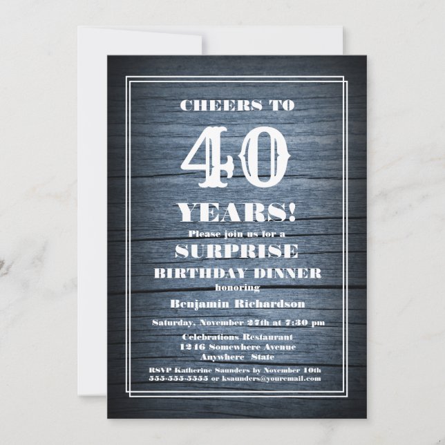 Rustic Wood Surprise 40th Birthday Dinner Party Invitation (Front)