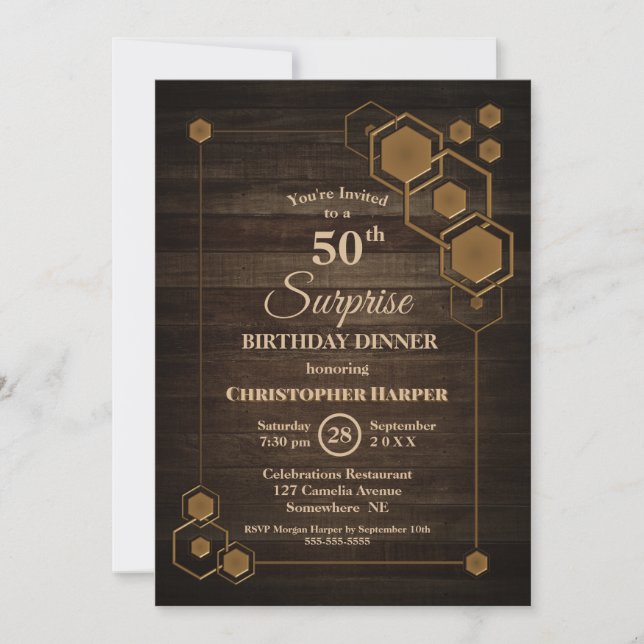 Rustic Wood Surprise 50th Birthday Dinner Party Invitation (Front)